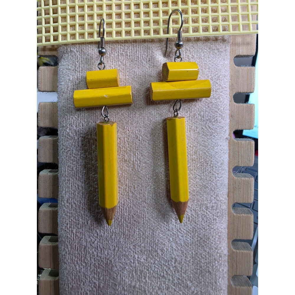 Handmade Yellow Colored Pencil Dangle Earrings Teacher Back to School Jewelry